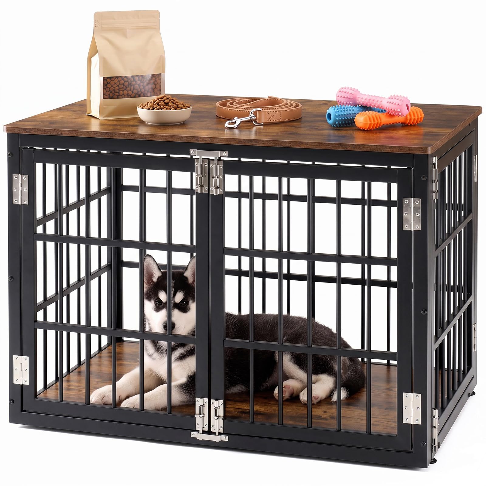 NEWBULIG 38 Inch Dog Crate Furniture for Small Dogs, Space Saving Pet House End Table with Double Lock Door, Heavy Duty Indoor Kennel for Living Room, Black &amp; Rustic Wood