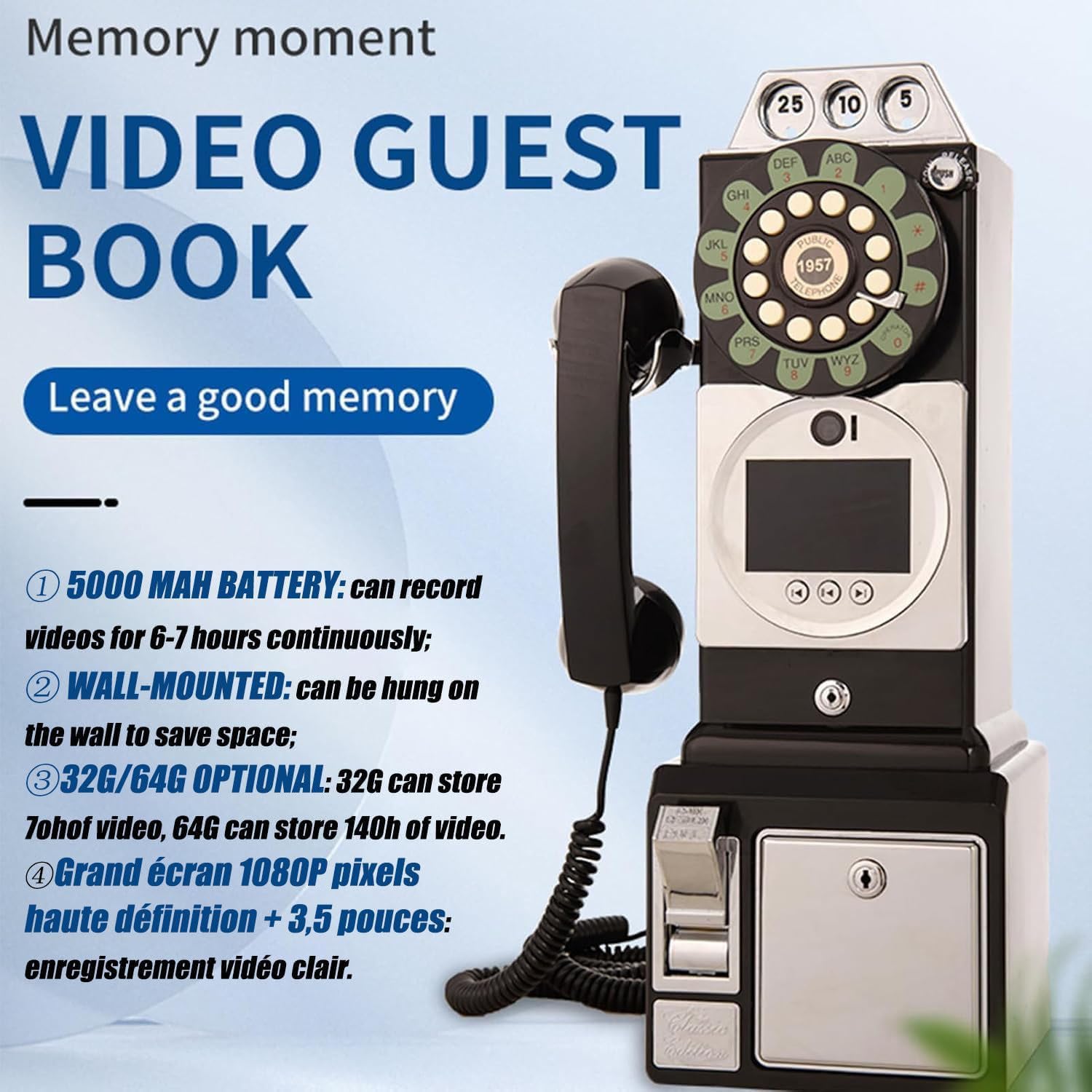 Teléfono de libro de visitas de audio de vídeo, 1080P, video para boda, video personalizado con lente de audiolibro, reco para invitados,White-64G