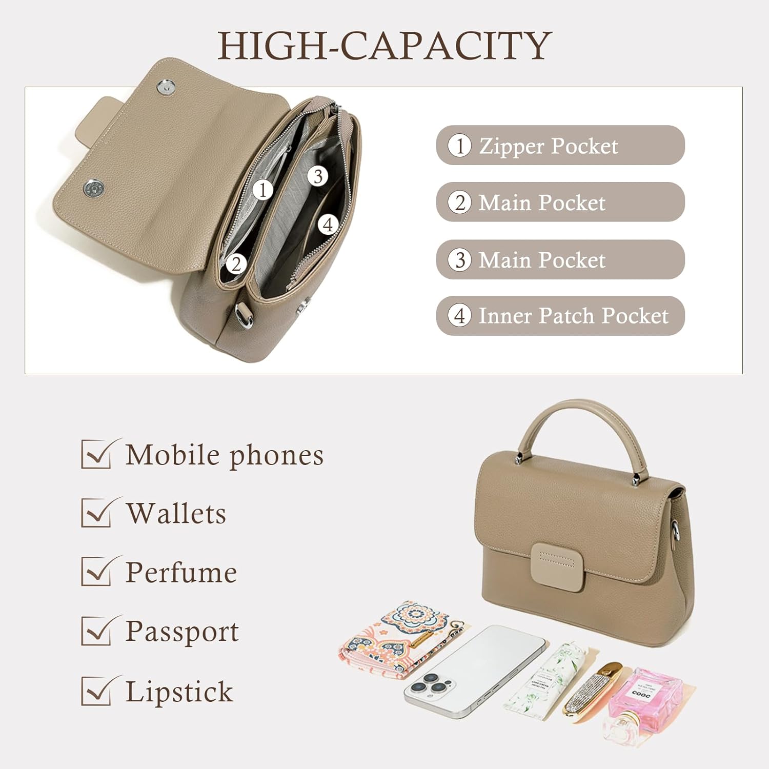 Genuine Leather Crossbody Bags for Women, Top Handle Bag Satchel Handbags, Shoulder Purse with 2 Adjustable Straps - Image 4