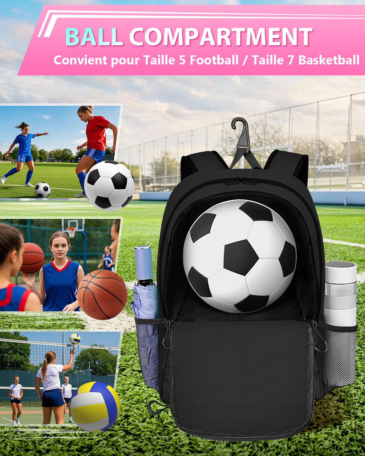 MATEIN Sac à Dos Football avec Compartiment à Chaussures Étanche pour Ordinateur Portable 15,6 Pouces, Noir