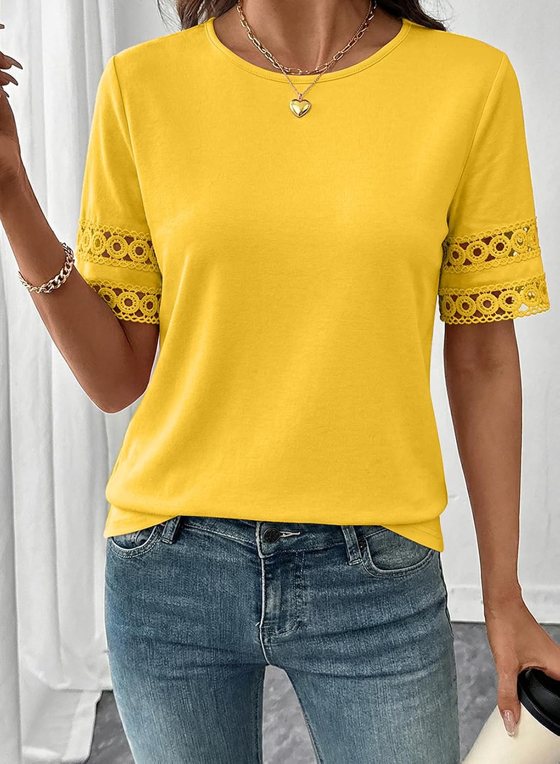 SHEWIN Womens Tops Crewneck Hollow Out Short Sleeve Shirts Lace Spring Blouses Tee Summer Tops for Women 2026