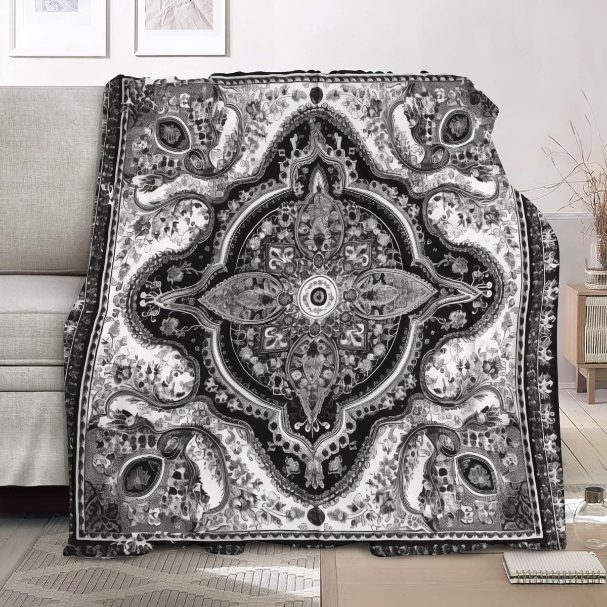 Przytulny koc 180 x 200 cm, XXL, abstrakcyjny wzór boho, super miękki i zimowy ciepły koc polarowy na sofę, kanapę i łóżko, szary, przytulny, przyjemny koc do mieszkania, koc na sofę