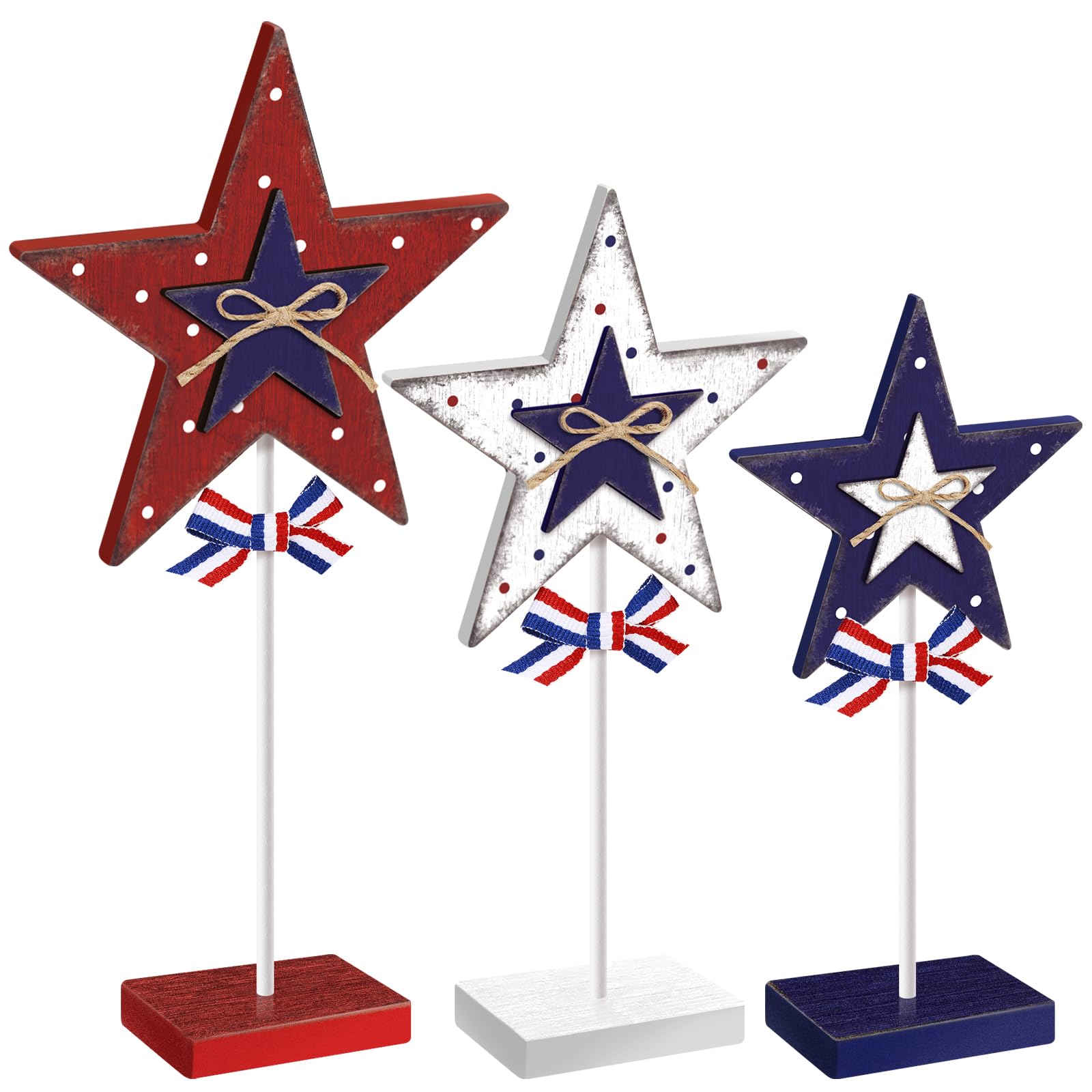 Seeloowy 3 Pcs Independence Day Star Table Centerpieces Tabletop Decorations Signs for Tiered Tray Decor 4th of July Day Patriotic Decorations Desktop Ornament Blocks Freestanding (Classic Style)