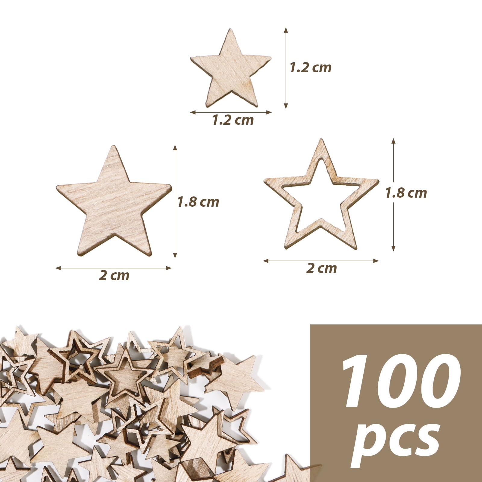 100 Stelle Decorative In Legno Per Natale - Ciondoli E Fette Bianche, Grandi (4cm) E Piccole (2cm), Cave E Piene - Per Albero, Tavola, Bomboniere E Fai Da Te - 3