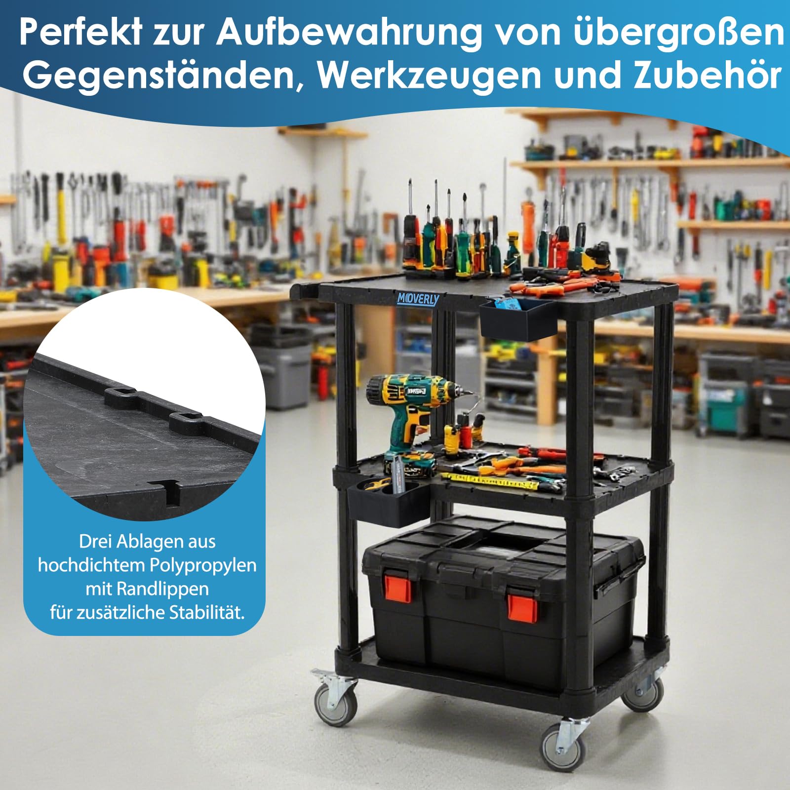 Schwerlast-Servierwagen, 69,9 x 46,4 cm, 3-stöckiger Rollwagen, Industrie-Kunststoff, Tragkraft 150 kg, Flache Ablagen mit Lenkrollen – Vielseitiger mobiler Wagen