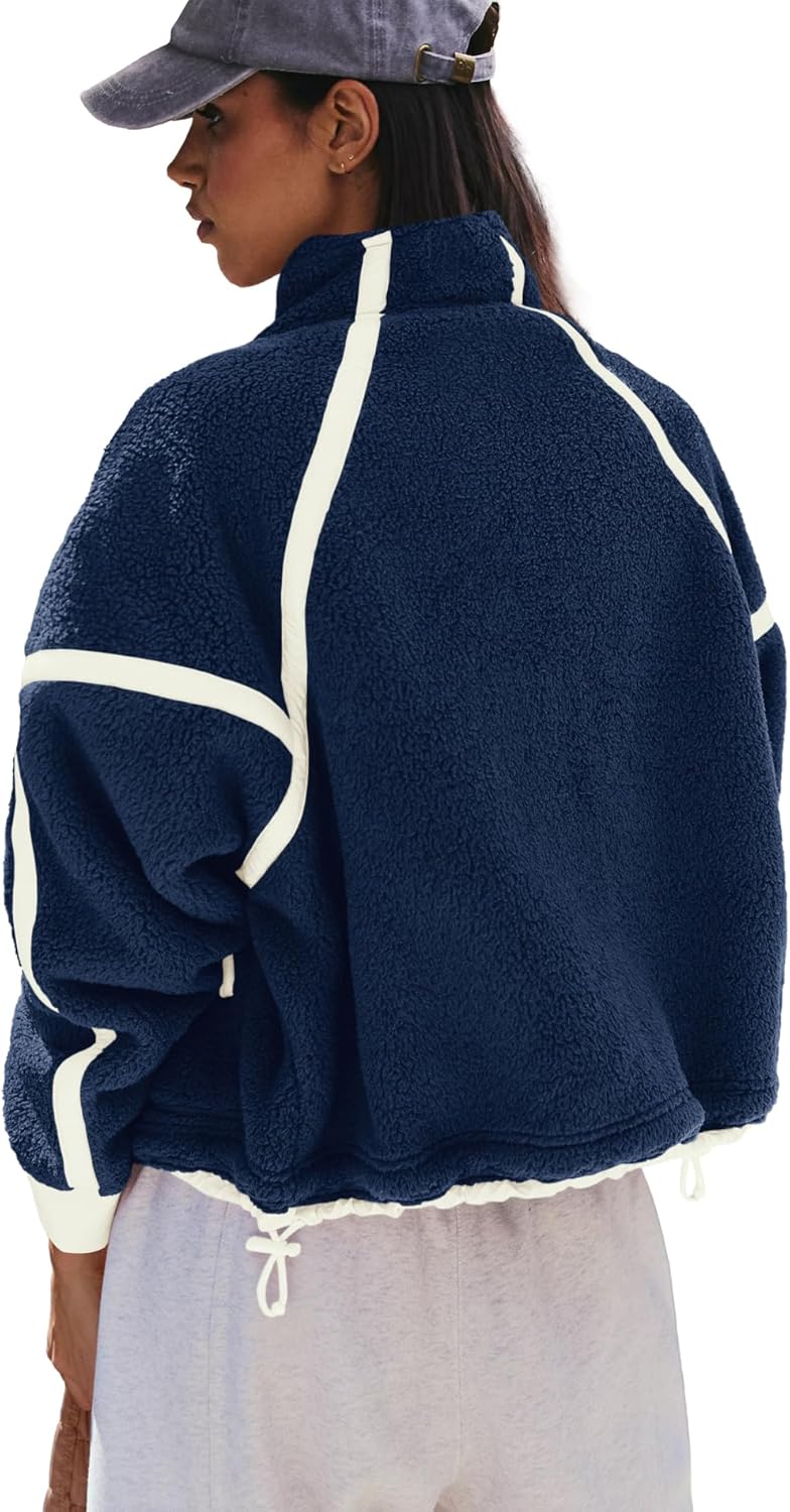 Panadila Womens Fleece Zip Up Jacket Fuzzy Sherpa Jacket Casual Teddy Coats Winter Outerwear with Pockets (Navy White Combo,XL) - Image 4