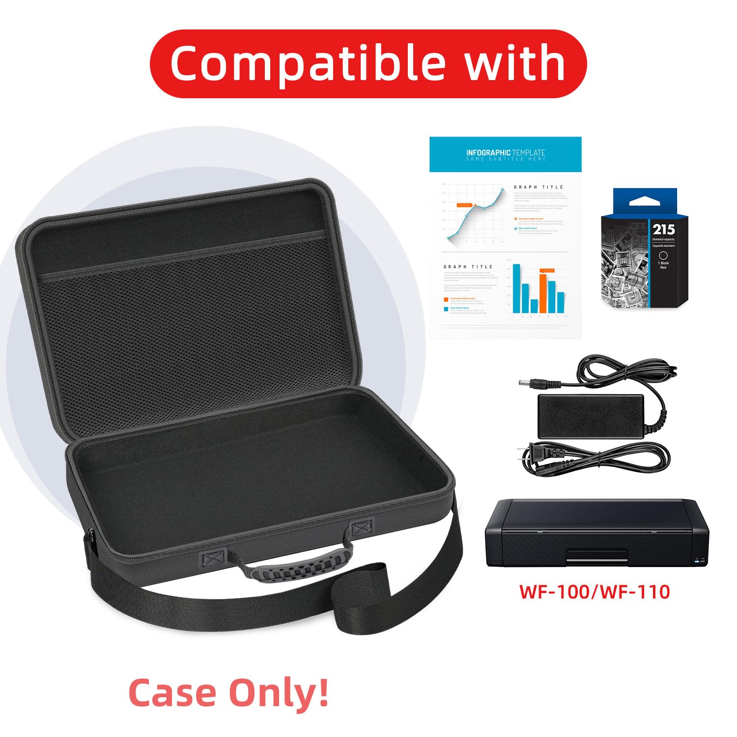 Hartschalen-Reisetasche für Epson Workforce WF-110 / WF-100 kabellose Mobile Drucker, Aufbewahrungstasche für Drucker (nur Hülle) | Schützende Tragetasche, stoßfeste Schale, innerer Aufbewahrungs-Organizer, staubabweisend, für Reisen und Büro, Doppelzweck