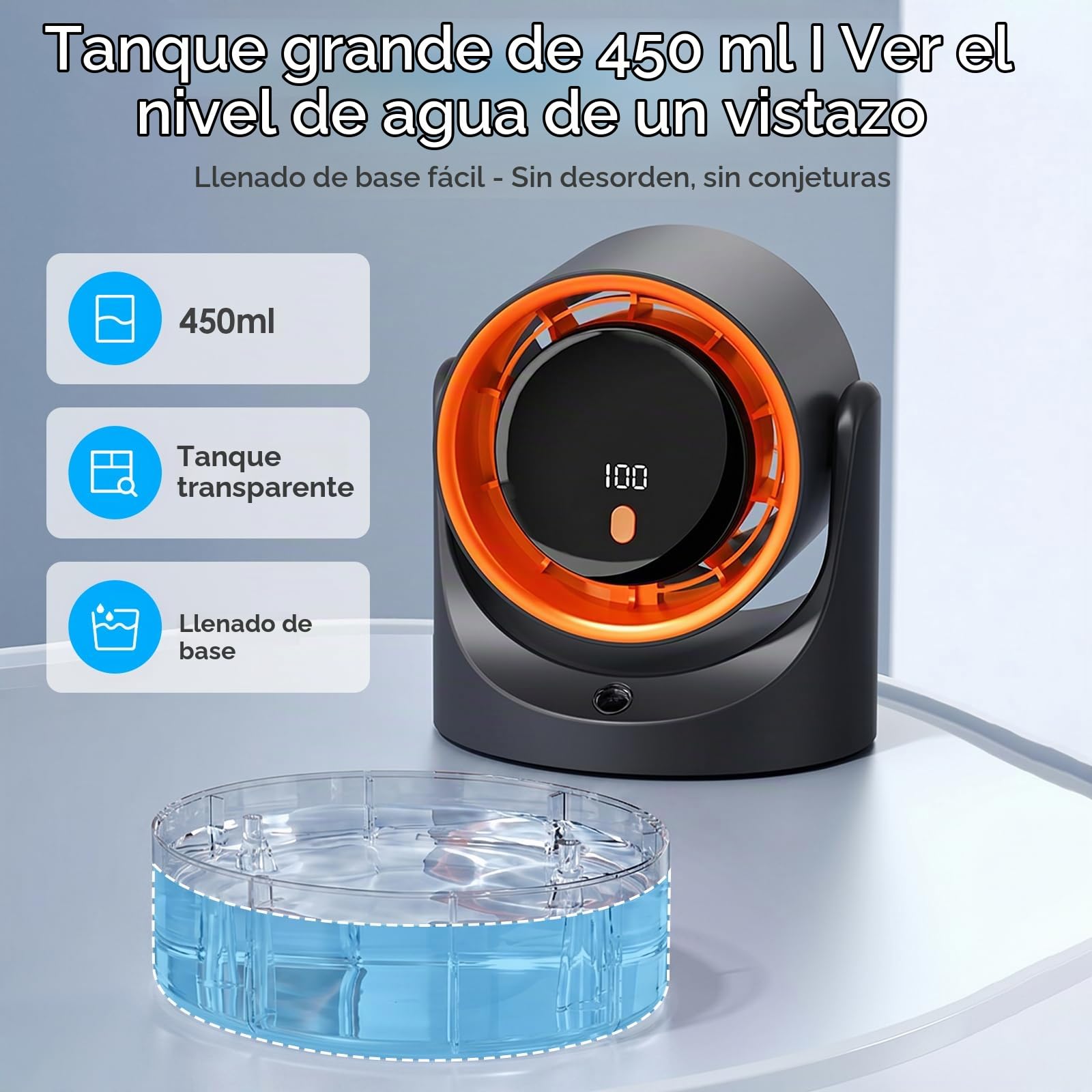 Ventilador y Humidificador de Escritorio 2 en 1, Ventilador de Mesa Silencioso con Depósito de Agua de 450 ml, Ventilador de Escritorio Recargable, 100 velocidades, Temporizador de 3/6/9H