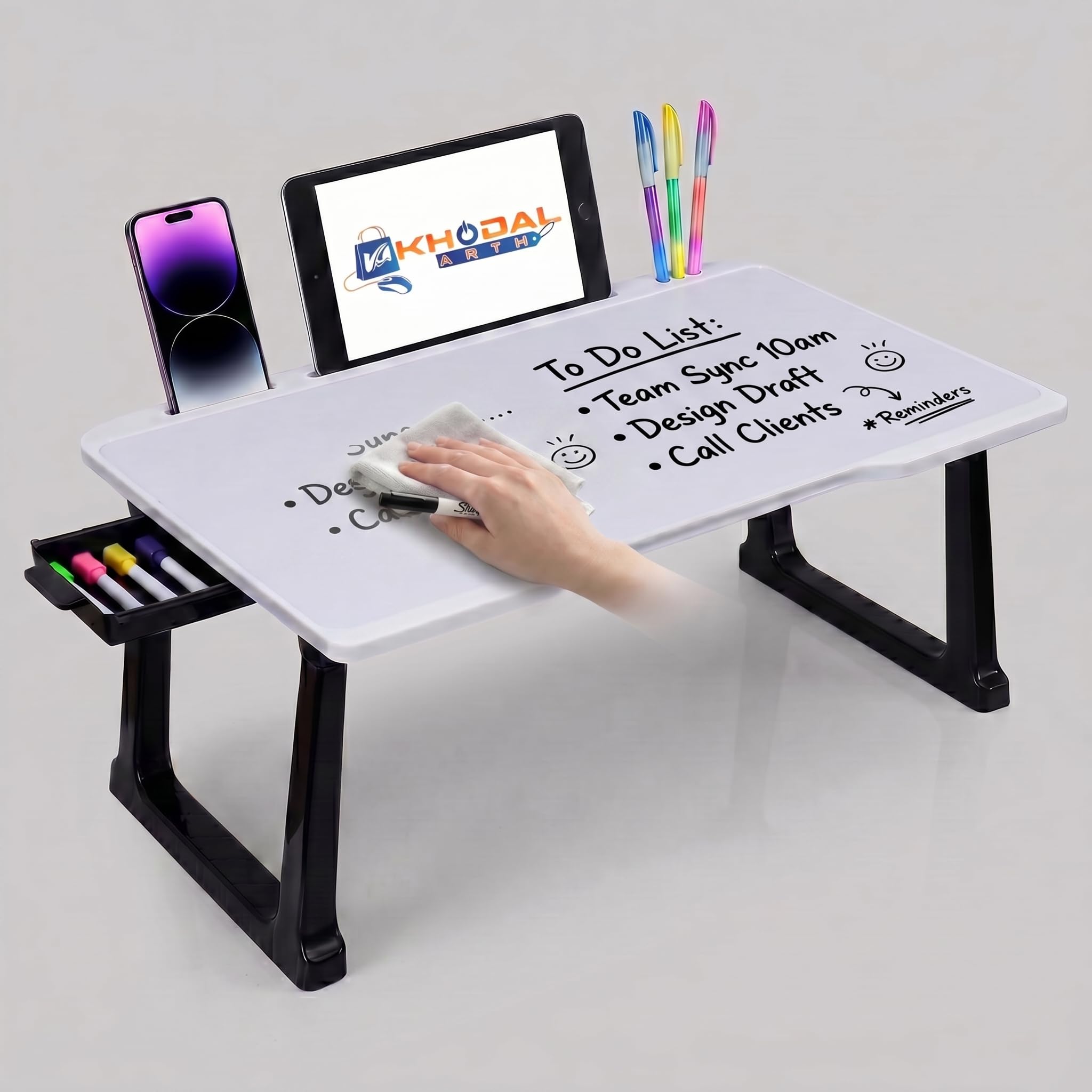 Portable Laptop Table for Study & Writing | Foldable Bed Table with White Bidding Finish | Scratch Resistant Wooden Top | Heavy Duty Rust-Free Legs | Multipurpose Study Desk with Drawer (WhiteBoard)-image-0