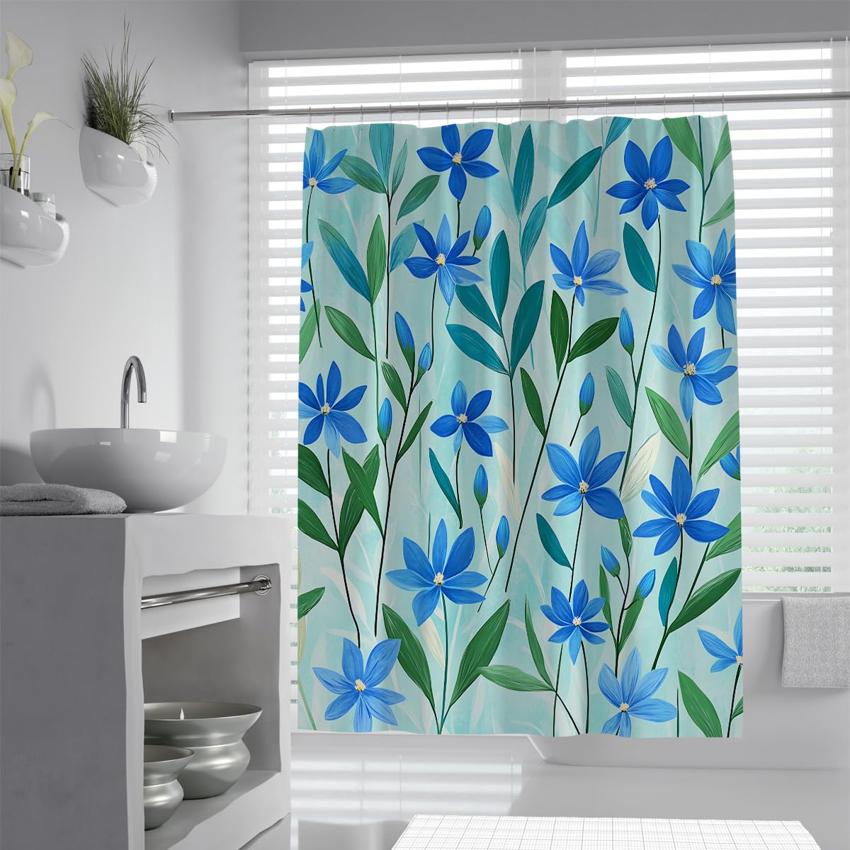 UIRINGART Blue Flower Shower Curtain W200xL220cm Botanical Floral Print Waterproof Polyester Mildew Resistant Quick Dry Bathroom Screen with Hooks