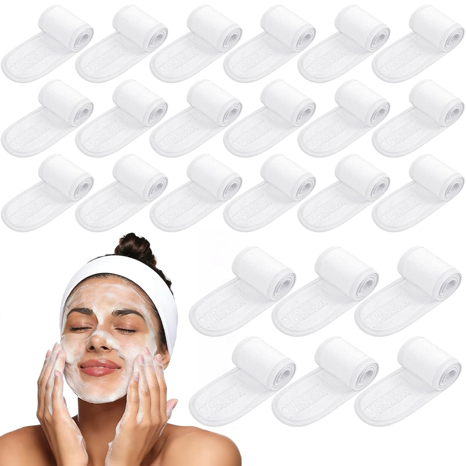 Whaline 60Pcs Spa Facial Headbands Head Wrap Stretch White Cloth Hair Bands for Bath Makeup Sport