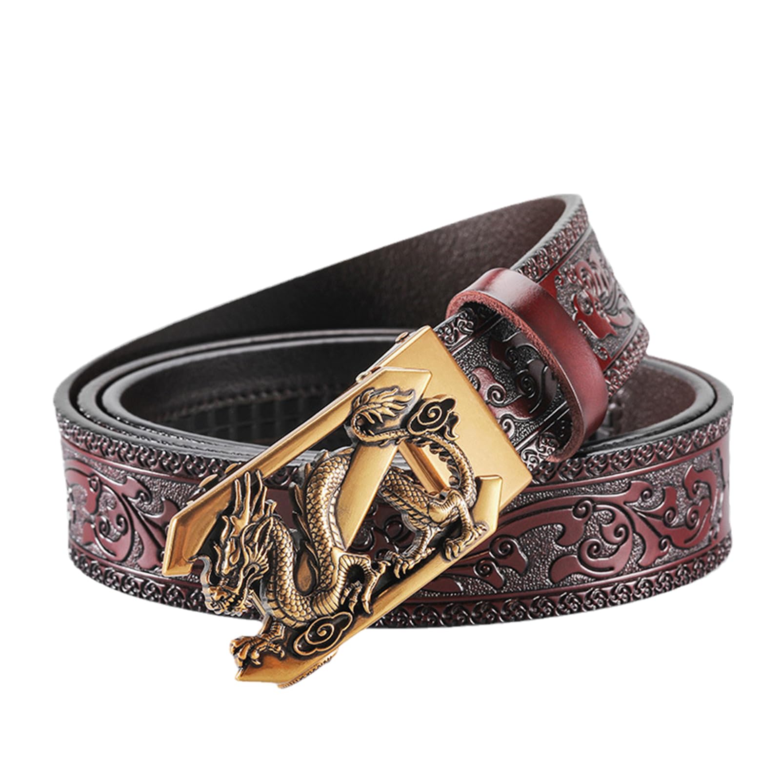 pasek, Paski kowbojskie w stylu western, tłoczone, ze skóry naturalnej, złotą klamrą kształcie smoka, do spodni jeansowych, szerokość 35 mm(Coffee,110cm/waist:36"~38")