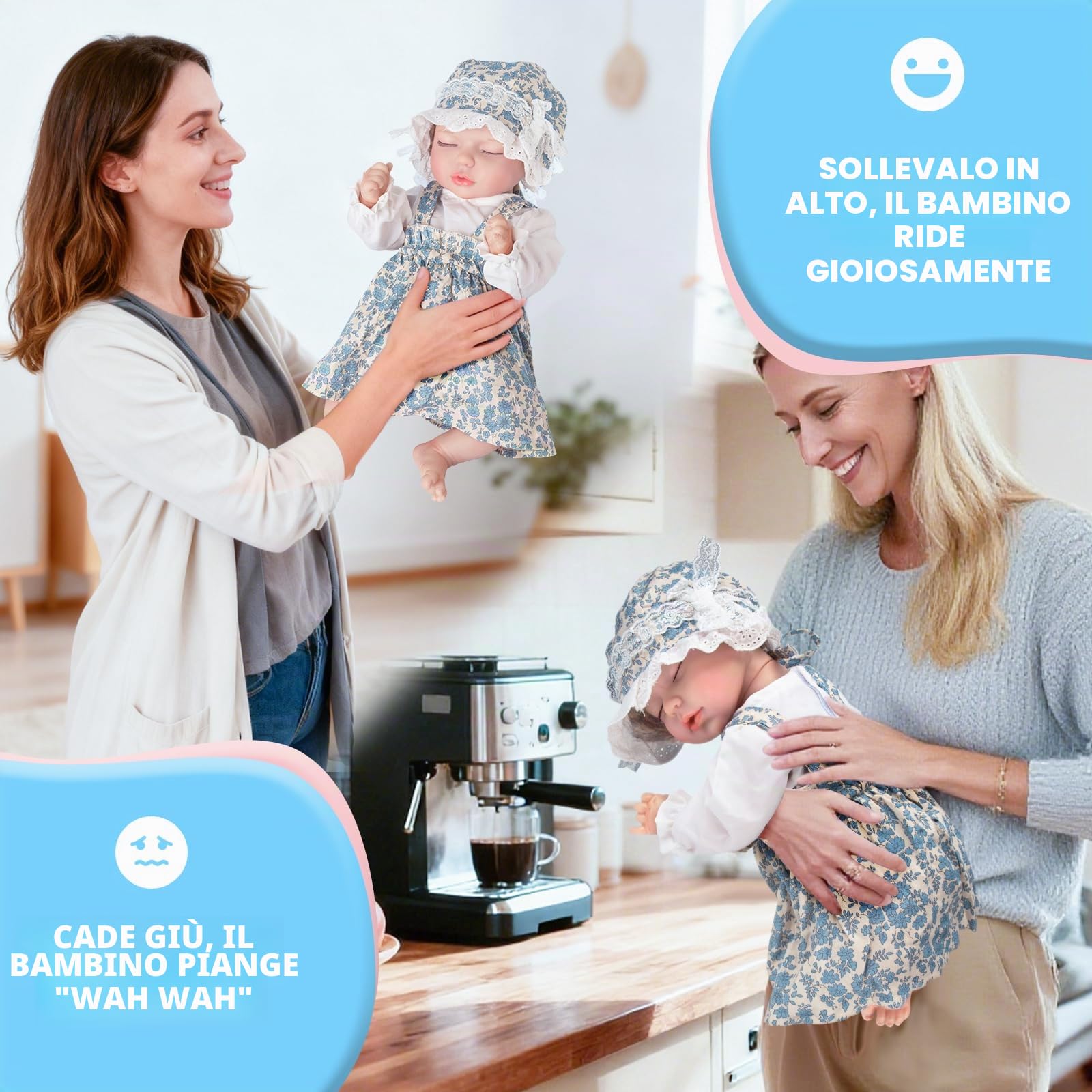 JONRRYIN Bambole Reborn con Sensore di Gravità, 43cm Bambole Reborn Interattive per Bambine, che Respirano, Piangono e Ridono, Ideali dai 3 Anni in su (Blu)