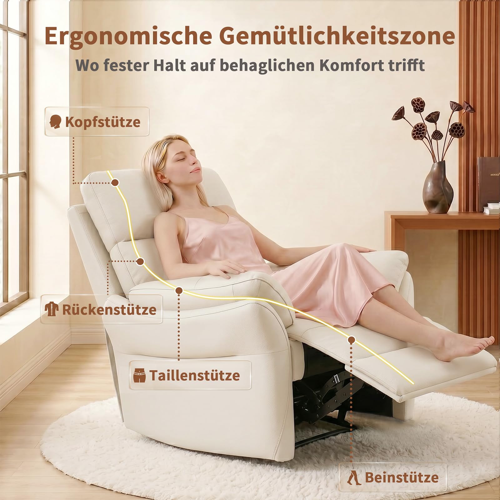 AIRSKY Relaxsessel Echtleder Fernsehsessel mit Liegefunktion Kinosessel Nickerchen Seniorensessel TV Sessel mit Schlaffunktion Manuell Verstellbar Liegesessel für Wohnzimmer Schlafzimmer,Beige