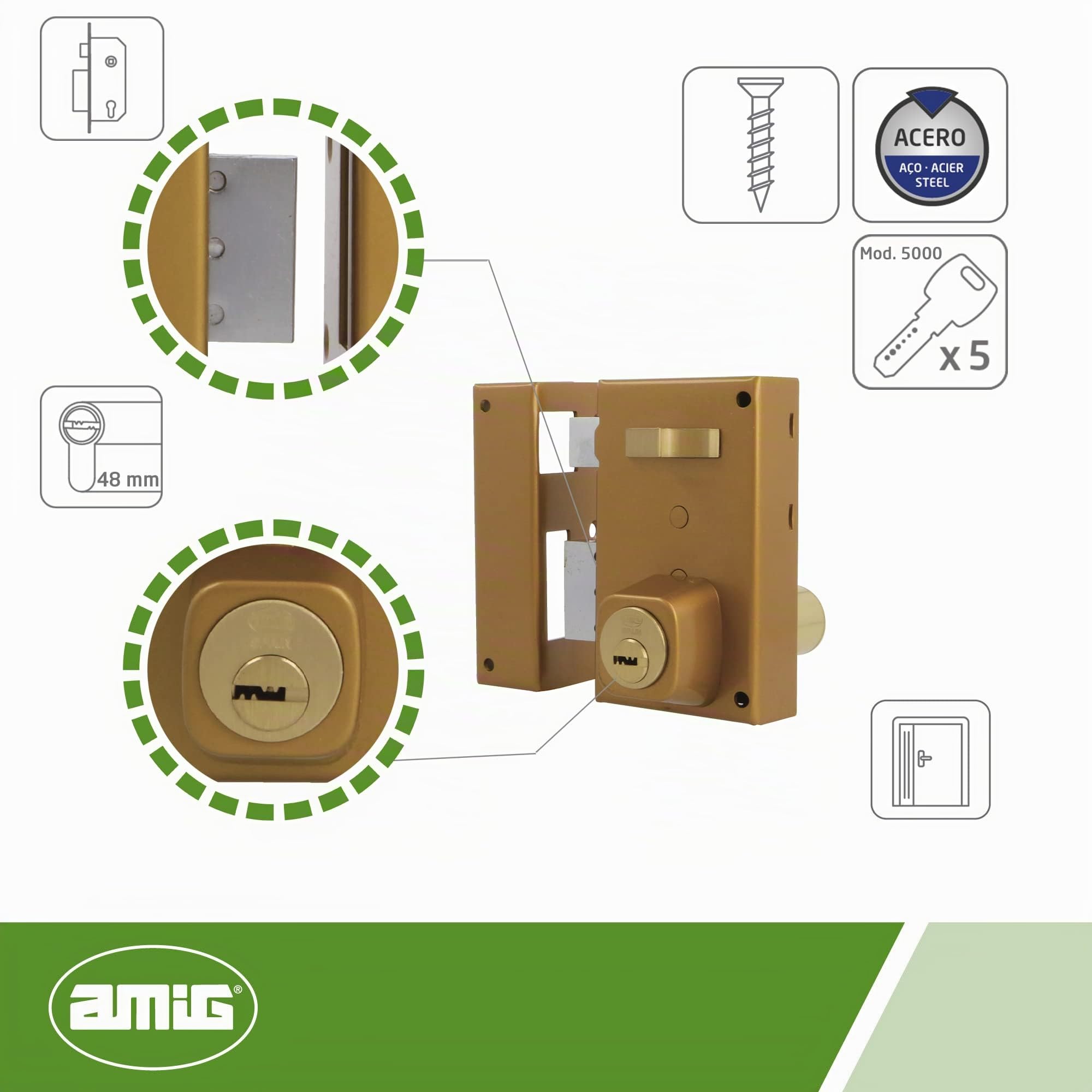 Amig - Cerradura de Sobreponer de Izquierda con Palanca de Cierre, Lengüeta y Tirador para Puertas de Madera Mod. 75, 67 x 112 mm, Cilindro Redondo de Seguridad, Acero Dorado