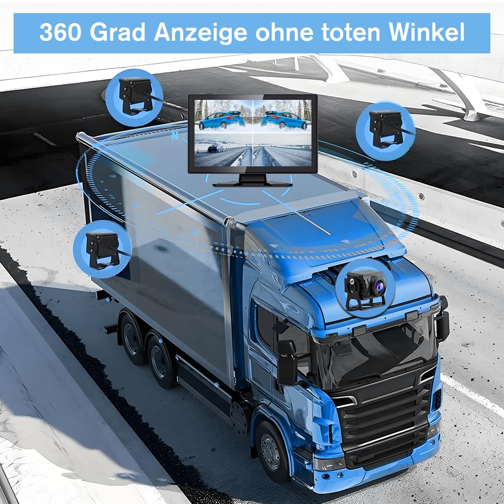 Junsun Rückfahrkamera 4 Kameras mit 10,1 Zoll Geteiltem Bildschirm HD Rückfahrmonitor für Auto, LKW, Bus & Wohnmobil, Rückfahrassistent, Dashcam
