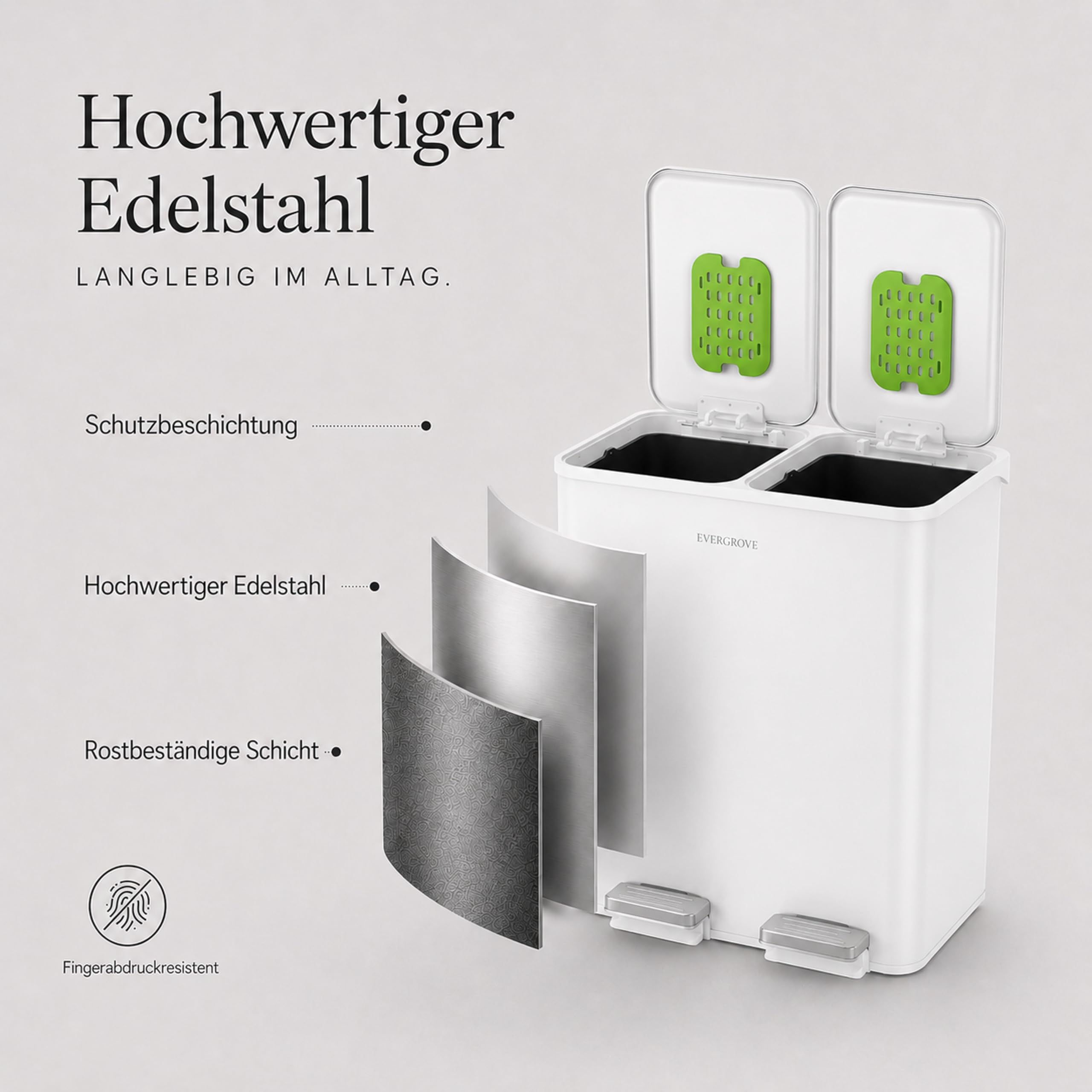 EverGrove 30-Liter-Mülltrennsystem, 2 x 15 L (Weiß) | Gehäuse, Deckel und Pedale aus Edelstahl; zwei PP-Inneneimer, sanft schließende Deckel und ein eingesetzter Geruchsfilter.
