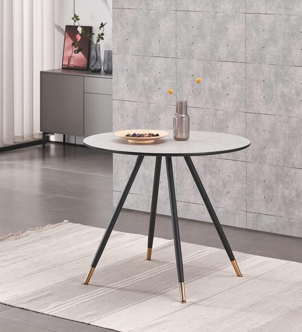 P&N Homewares Dorchester LUX Round Dining Table - Modern Marble-Effect Table with Gold Tipped Black Metal Legs - 4 Seater Small Kitchen or Dining Room Table – Scandinavian-Inspired Luxury Design