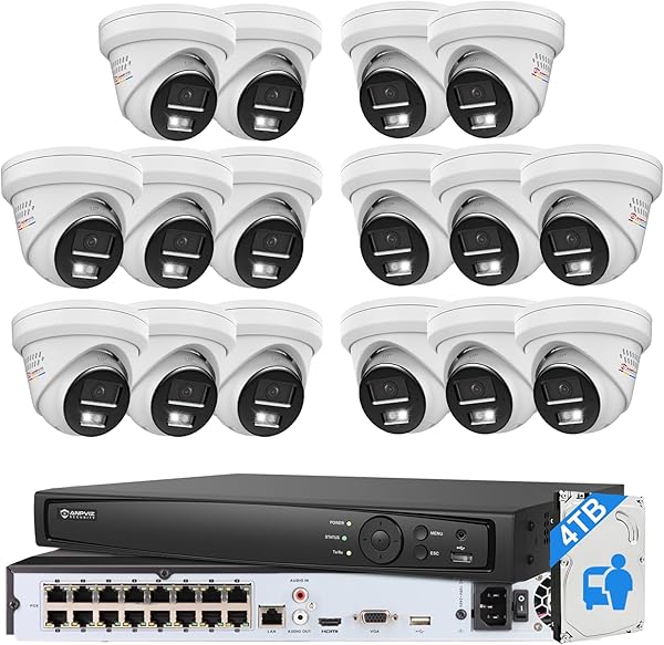 【Active Deterrent & 2-Way Audio】Anpviz 16CH PoE Security Camera System, 16X 5MP Wired IP Turret Cameras Outdoor Metal, 12MP NVR with 4TB HDD, Human/Vehicle Detection, Plug&Play for Business (H Series)