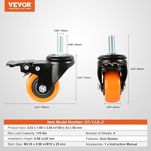 Miniatura 7 de VEVOR Ruedas giratorias, 2 pulgadas, juego de 4, capacidad de carga de 440 libras, ruedas de vástago roscado con freno de seguridad de doble
