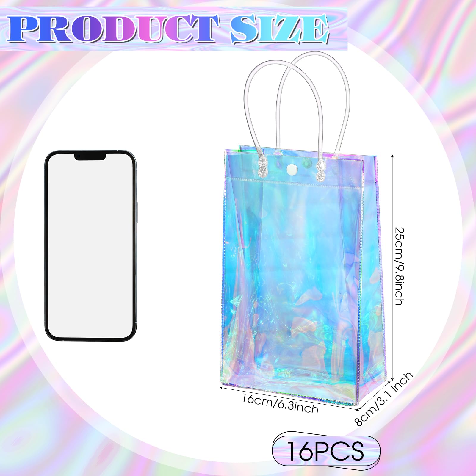 Sherr 16 Pcs Holographic Small Gift Bag Reusable Iridescent Clear Bags for Women PVC Plastic Goodie Holder with Handles for Shopping Christmas Holiday Party Favor(6.3" x 9.84" x 3.15",Rainbow)