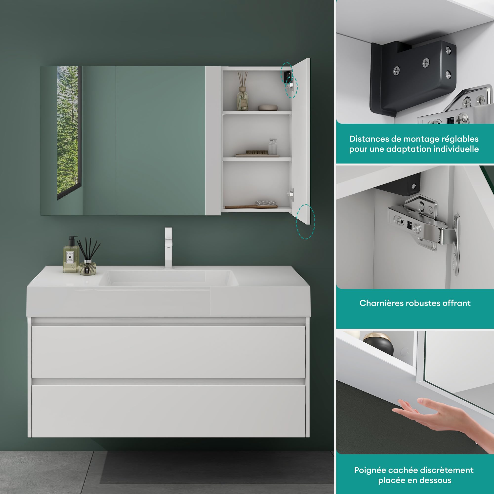 Mai & Mai Armoire Suspendue de Salle de Bain avec Miroir Armoire de Toilette Meuble Murale Miroir avec 3 Portes 120x15x70 cm Blanc Mat SpiegelSR-02