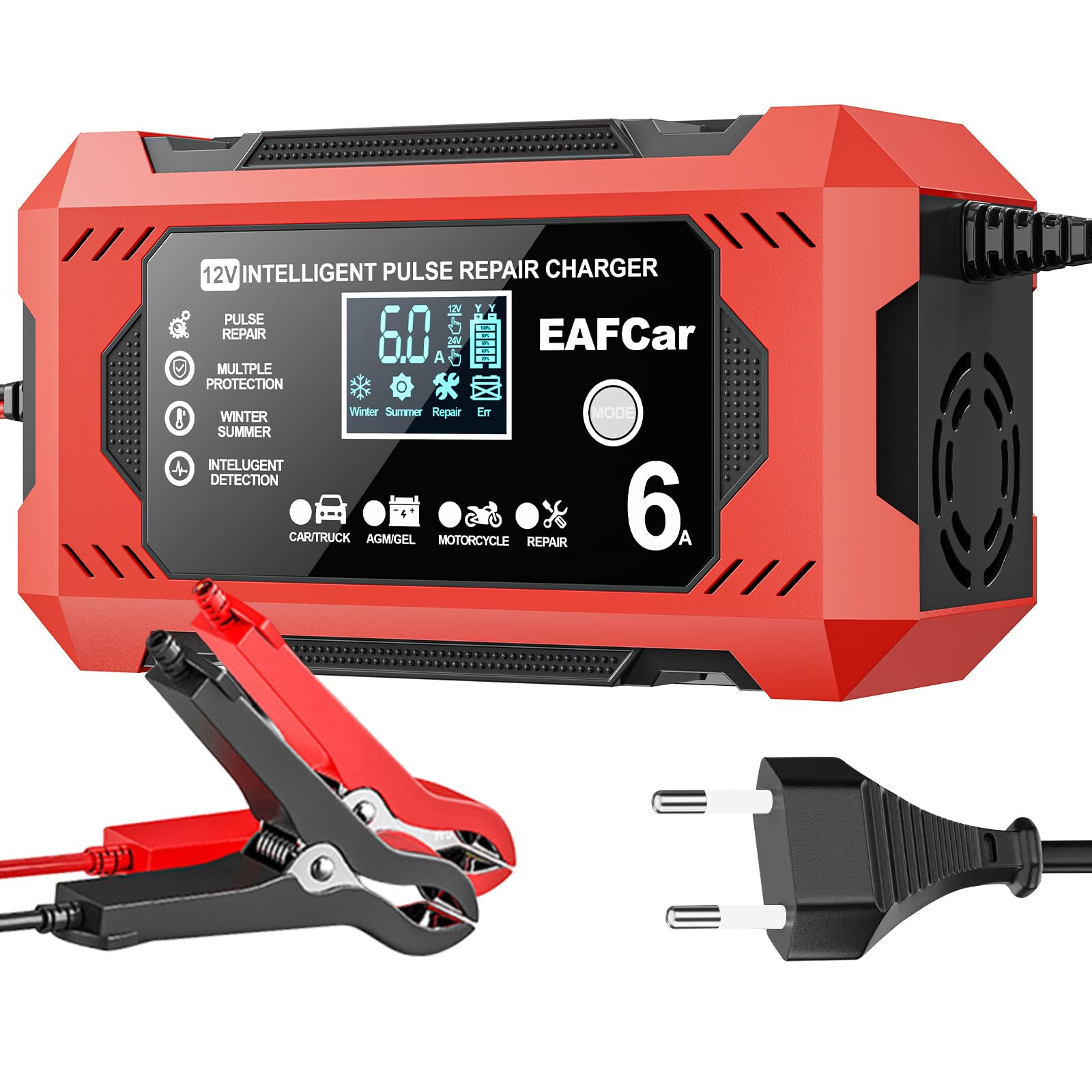 EAFCar 6A Autobatterie Ladegerät, 12V Smart vollautomatische KFZ Batterieladegerät mit Temperaturkompensation für Auto LKW Motorrad Rasenmäher Boot Marine Batterien(6A)