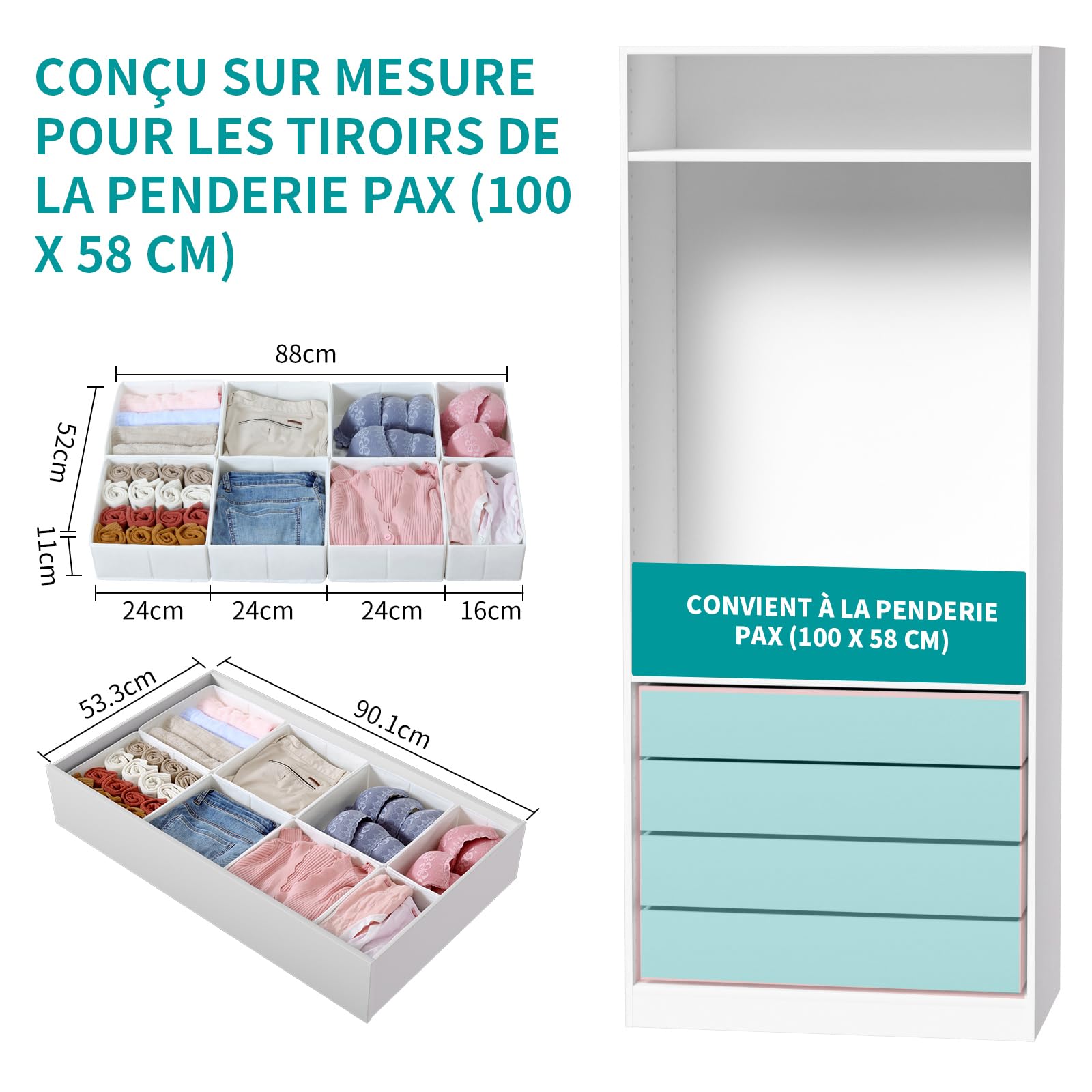 Juego de 16 cajones organizadores compatibles con armario PAX 100 x 58 cm, cajas de tela plegables con base estable para ropa, color blanco