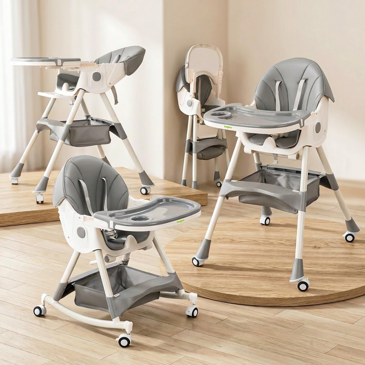 BAYBEE 3 in 1 Convertible High Chair with Adjustable Height and Footrest,Baby Toddler Feeding Booster Seat with Tray,Wheels,Safety Belt and Cushion,for Boys & Girls 6 Months to 3 Years (Liora Grey)