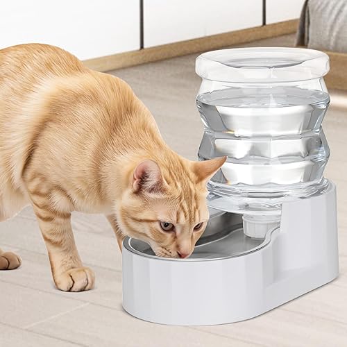 Miniatura 2 de RIZZARI Dispensador de cuenco de agua por gravedad para gatos: alimentador automático de acero inoxidable blanco para perros de 4 litros sin filtro