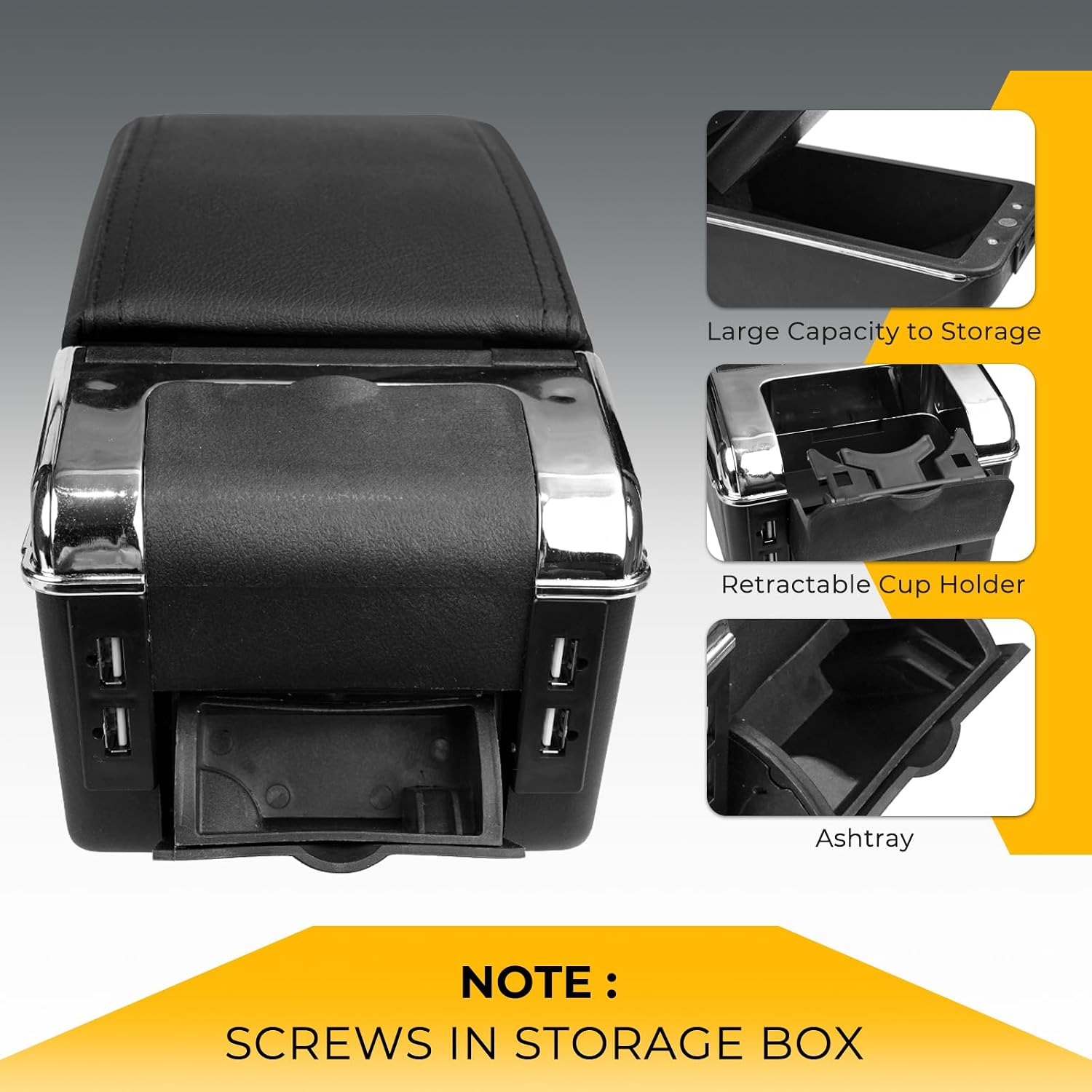 Center Console Armrest Storage Box with Double Layer Organizer, Black PU Leather Armrest Cover with USB Charging Ports for Car Truck SUV