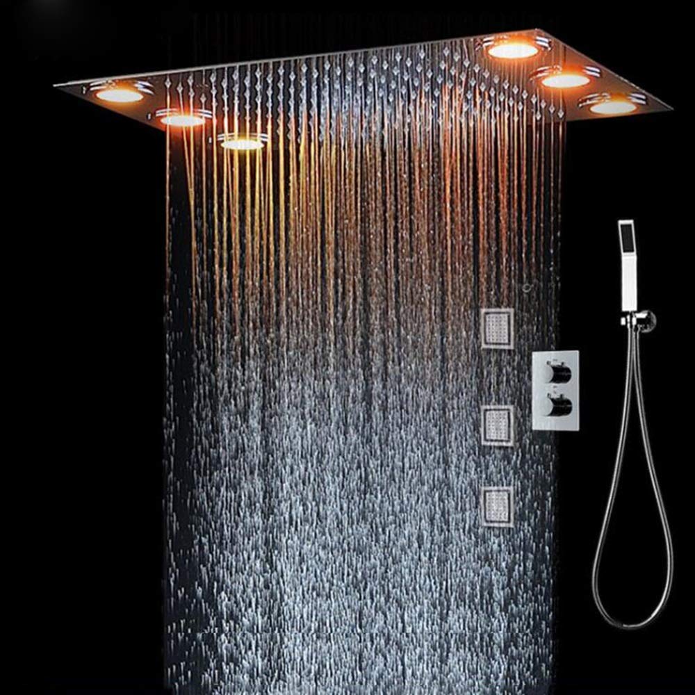 OZBMA Shower Set Copper Concealed Thermostatic Side Spray Head with LED Light Top Faucet Delicate Bathroom