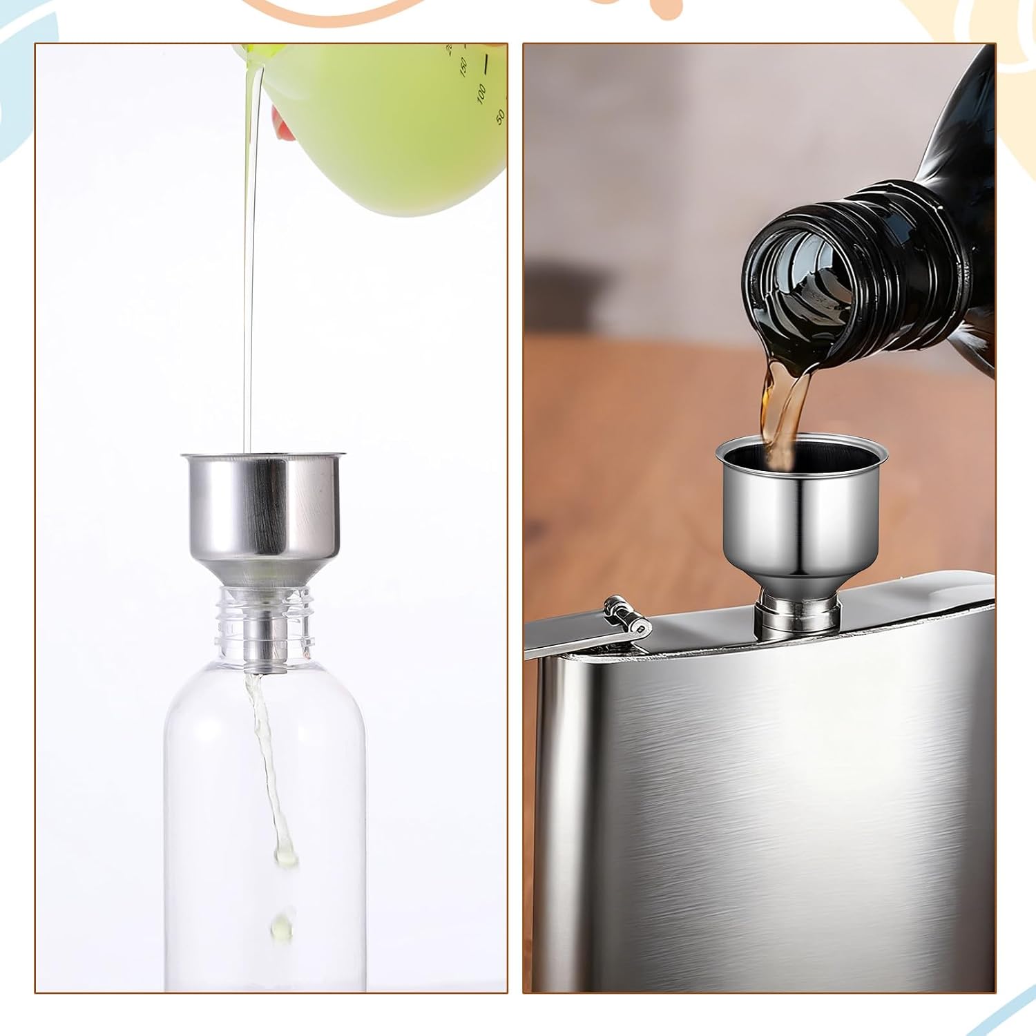 2 Pcs Stainless Steel Flasks Funnels 3/8" Small Kitchen Funnel Set Spout for Flasks Oil Bottle Liquid Perfume Bottle Coffee Beans