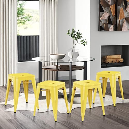 Miniatura 7 de ALISH Taburetes de metal sin espalda taburete de metal apilable sillas de comedor juego de 4 taburetes para aula color amarillo