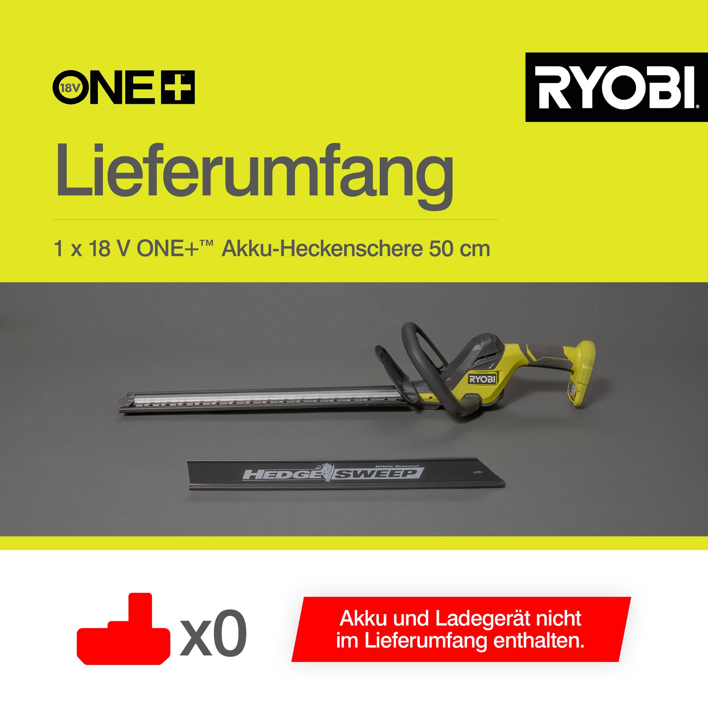 RYOBI 18 V ONE+ Akku-Heckenschere RY18HT50A-0 (Schnittgeschwindigkeit 1350 U/min, Messerlänge 50 cm, 24 mm Messerabstand, ohne Akku & Ladegerät im Karton)