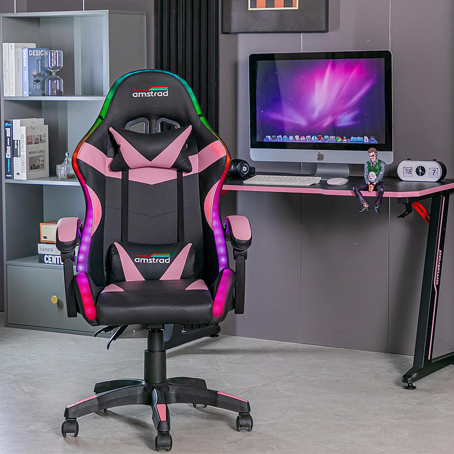 Amstrad AMS-900-LED-PINK Fauteuil/Chaise de Bureau Gamer Noir Rose - Eclairage LED 366 Effets - Télécommande