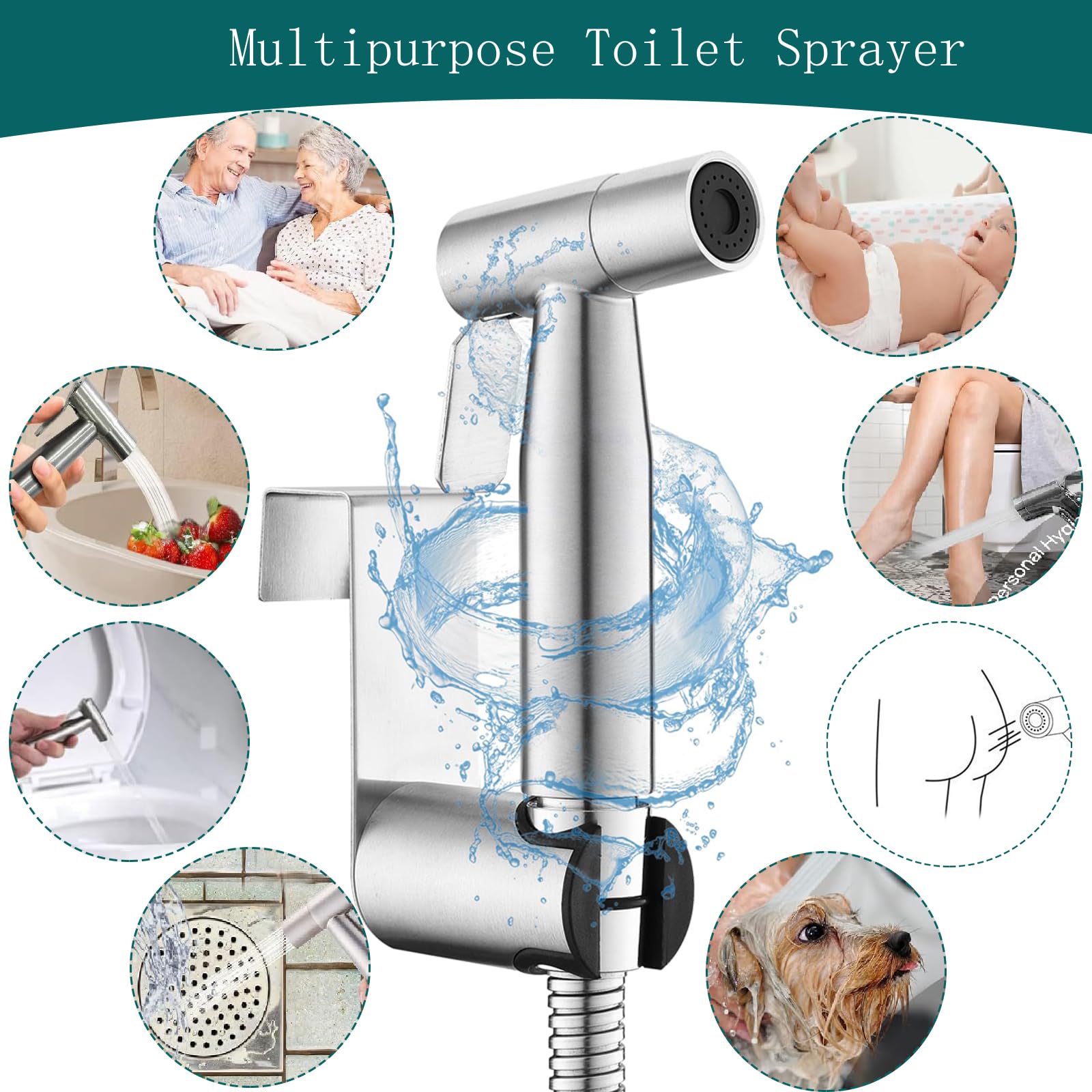 Kit de Pulverizador de Bidé de Mano de Acero Inoxidable, Grifo Bidet para WC, Ducha Higiénica para WC, con Manguera y Válvula de G1/2 Soporte