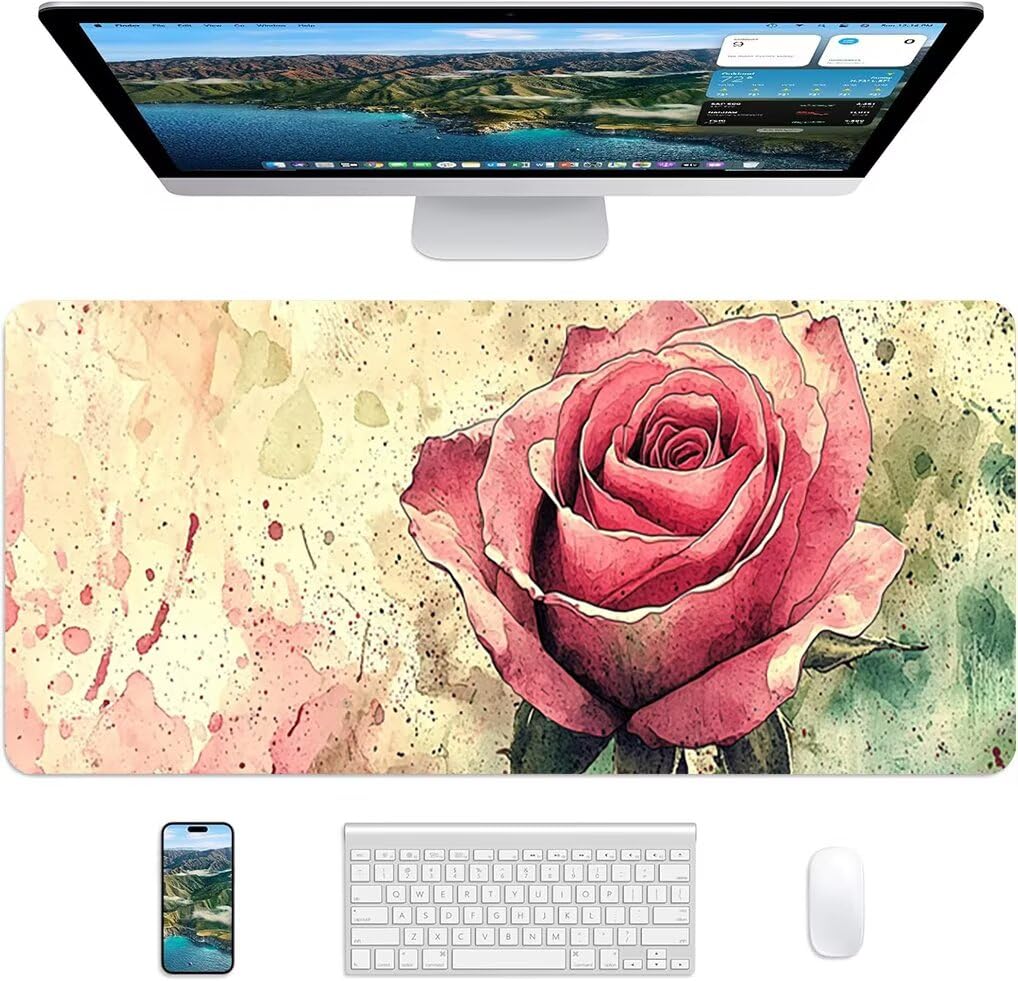 Wxuaixnn Flower Podkładka pod mysz do gier XXL 160 x 80 cm ze zszytymi krawędziami i antypoślizgową podstawą, wodoodporna mata retro na biurko dla graczy, PC lub podkładka pod mysz i podkładka pod