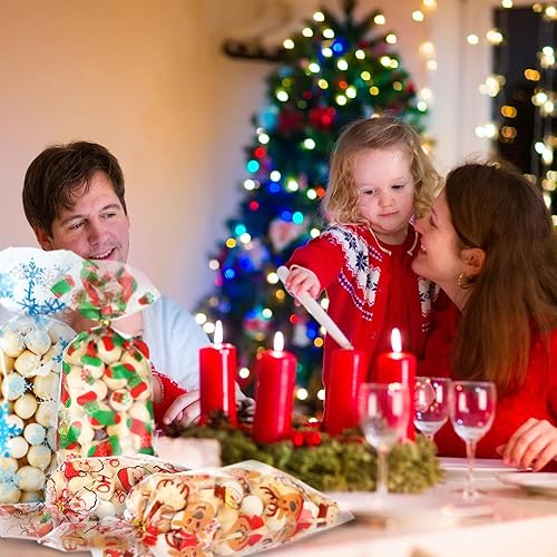 Miniatura 7 de Blulu 180 bolsas de fiesta de Navidad, bolsas de plástico de celofán de Papá Noel con 200 lazos dorados y plateados para vacaciones, fiestas de