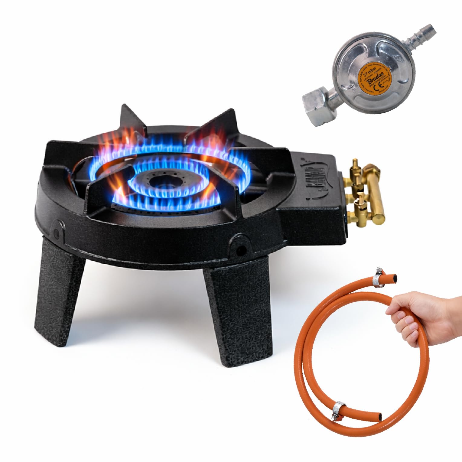 Réchaud à gaz en fonte 3 feux pour camping et extérieur, brûleur puissant pour wok et casseroles 20–36 cm, avec tuyau et détendeur