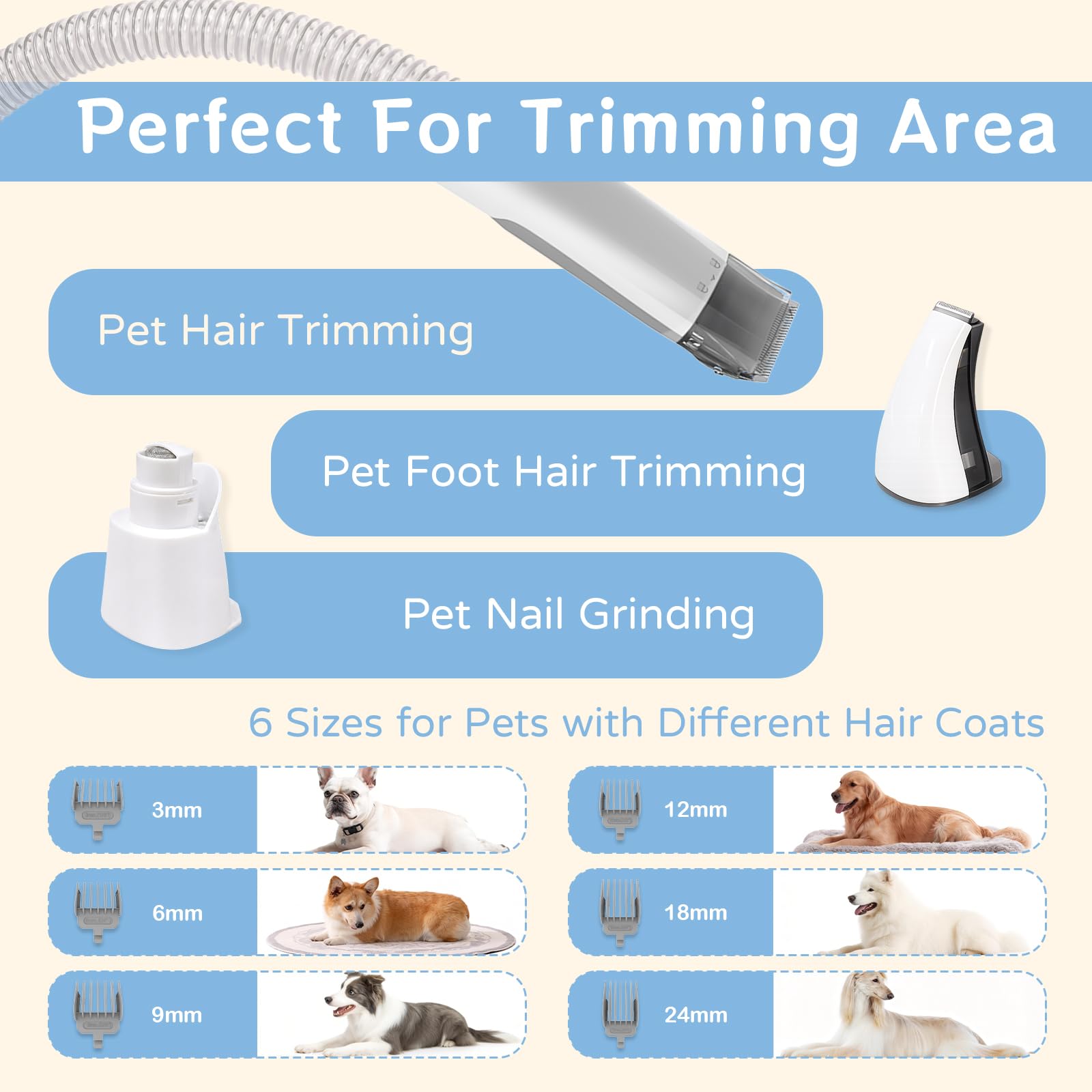 Kit de aseo para perros, aspiradora de aseo para mascotas con cortaúñas para mascotas, aspiradora de pelo de perro con 6 herramientas de aseo para perros y gatos