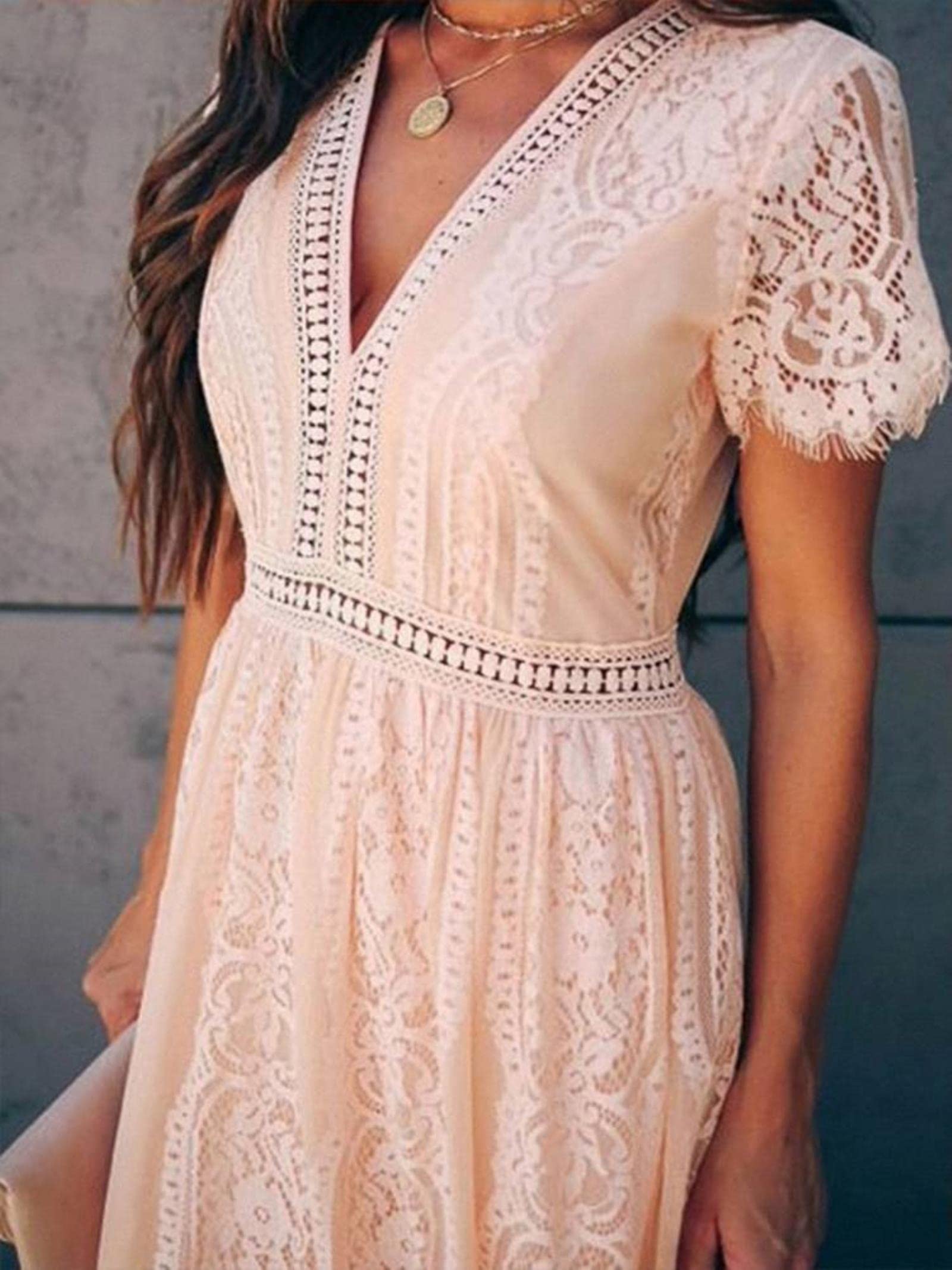 Vestido Largo De Encaje Mujer Sexy Cuello En V Manga Corta Ahueca hacia Fuera Vestido De Novia De Encaje Floral Fiesta Boho Maxi Vestido Blanco Robe Femme-Beige,M