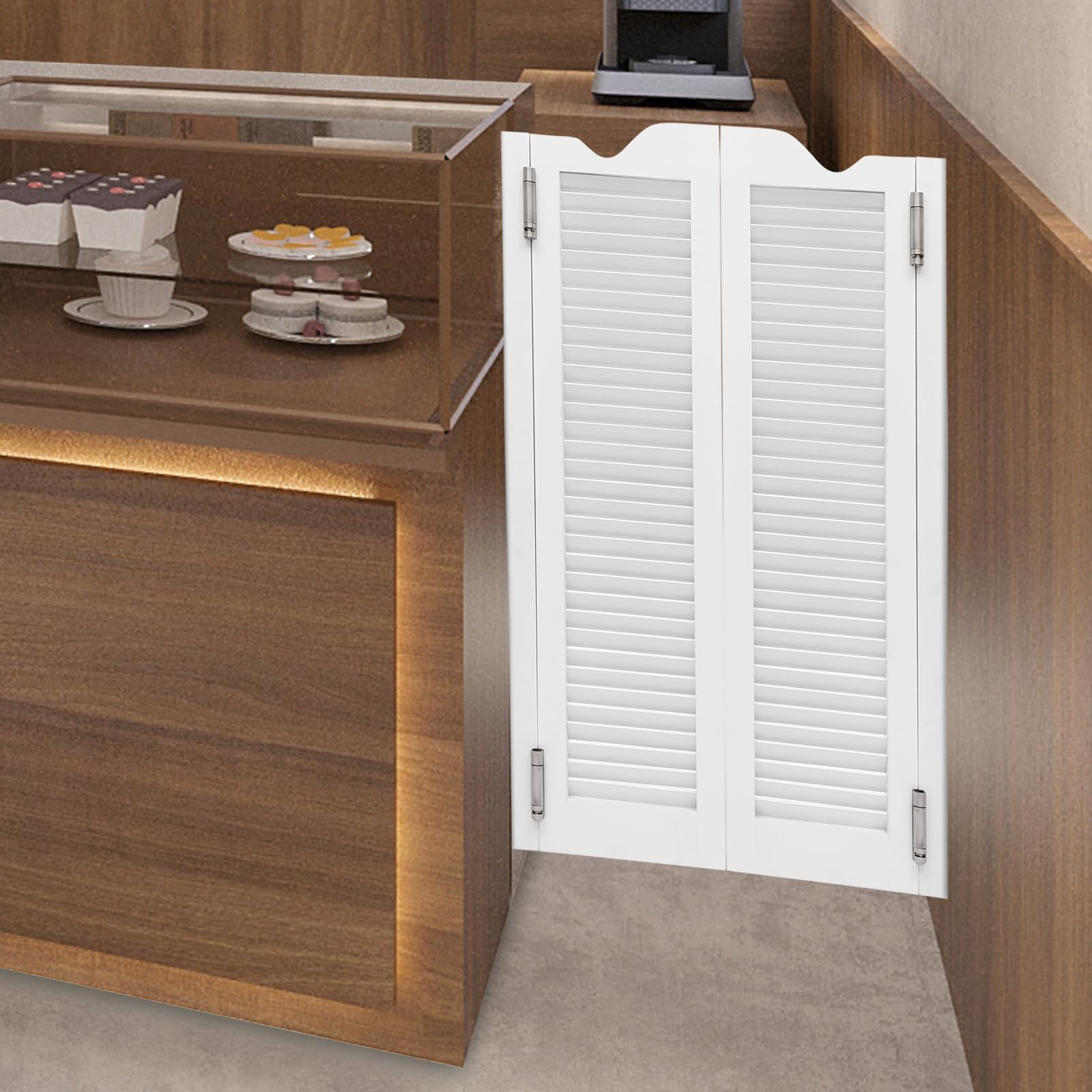 Swinging Saloon Doors - White Louvered Wood Cafe Doors, 24"W X 42"H Pair | For Kitchen, Bar, Porch