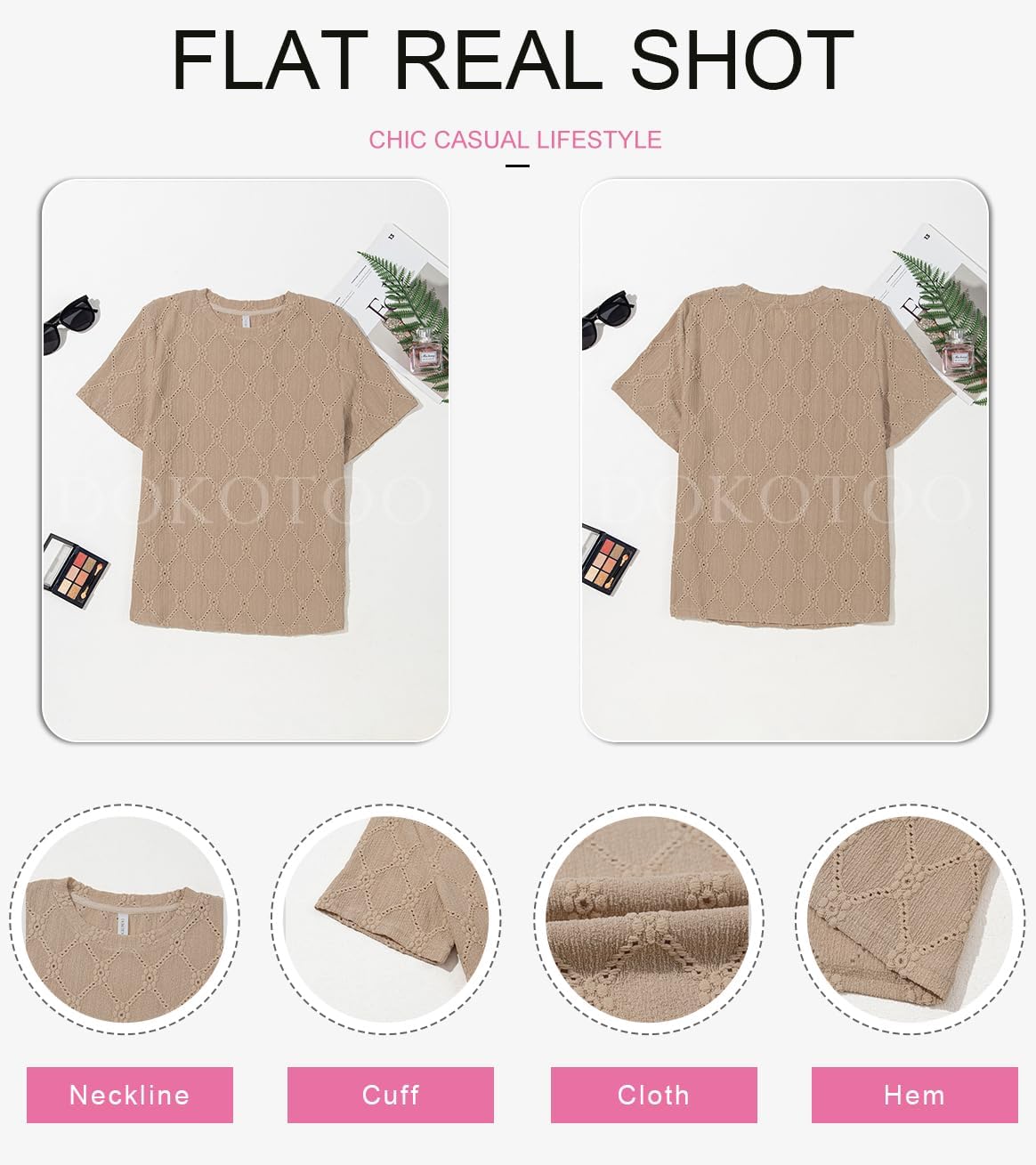 Dokotoo Women's Tops Casual Scoop Neck Short Sleeve Eyelet Embroidered Hollow Out Blouses Shirts - Image 7