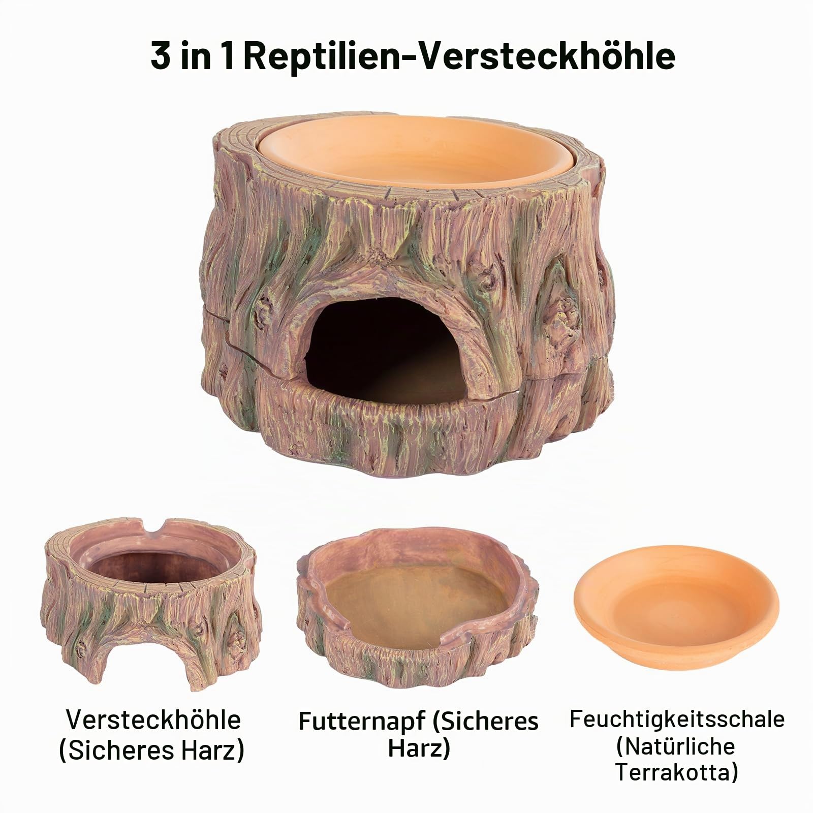 Höhlen & Verstecke für Reptilien & Amphibien, 3 in 1 Feuchtigkeitsspendende Höhle, Terrarium Wetbox Versteck Zubehör für Gecko, Eidechsen, Bartdrache, Schlange, Schildkröte, Frösche