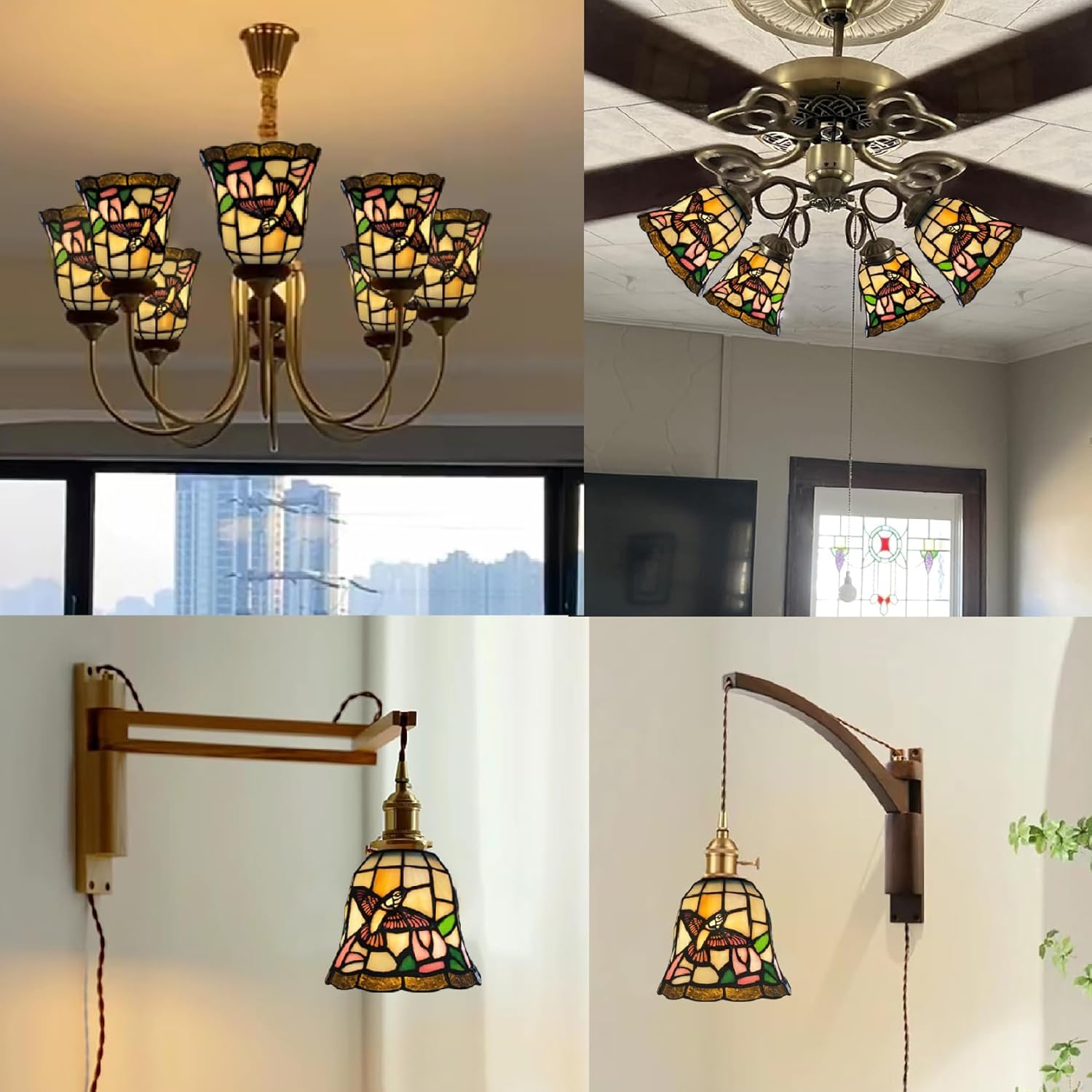 Tiffany glass lampshade, hummingbird colored glass lampshade, lampshade replacement, fan lamp, wall lamp, pendant lamp lampshade replacement,