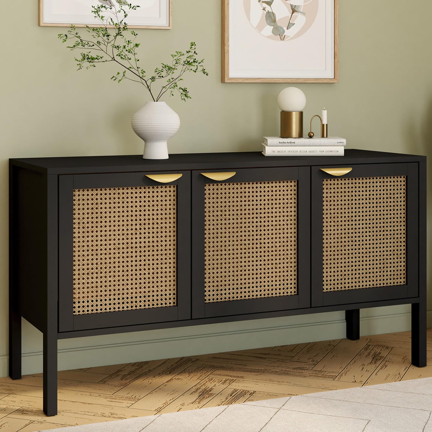 IDMarket - Buffet Bas 110 cm EDHEN 3 Portes Bois Noir et cannage