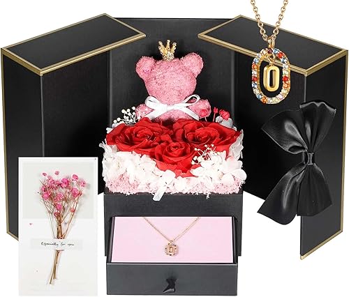 Regalos de cumpleaños para mamá de hija, hijo, rosas reales preservadas con collar inicial O, regalo significativo de aniversario para novia, esposa
