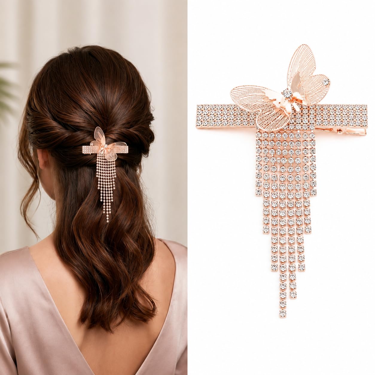 ANNA CREATIONS 1 Pcs Rose Gold Butterfly Hair Clip With Tassel Metal Clip Crystal Hair Barrette Rhinestone Hair Pin Hair Accessories for Women & Girls Bridal, Weddings & Party (Style 1)-image-29