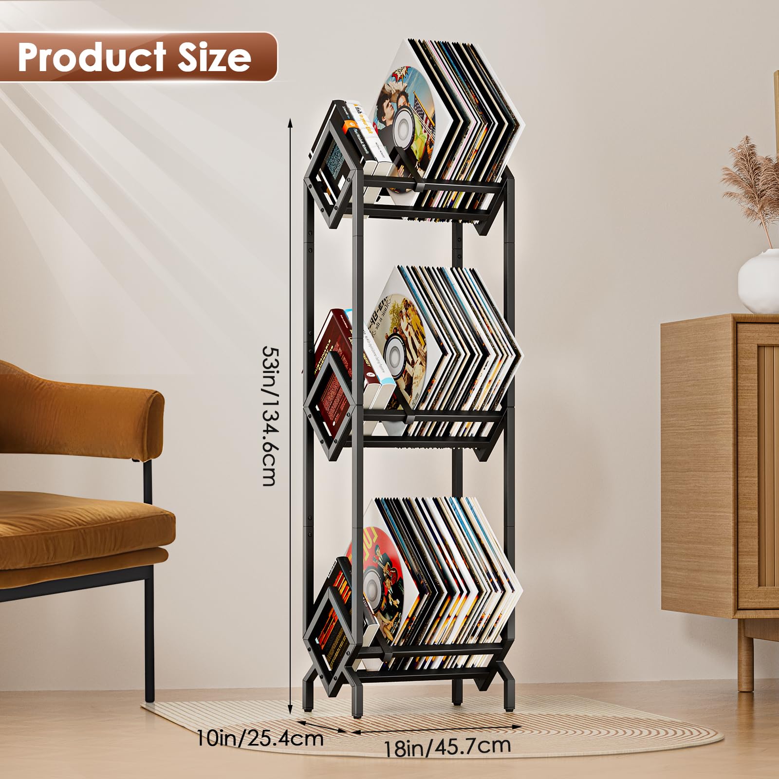 BOEASTER Vinyl Record Storage Rack, Record Holder 260-280 LP Storage Shelf Display Stand for Albums Books Magazines Files, Black Metal